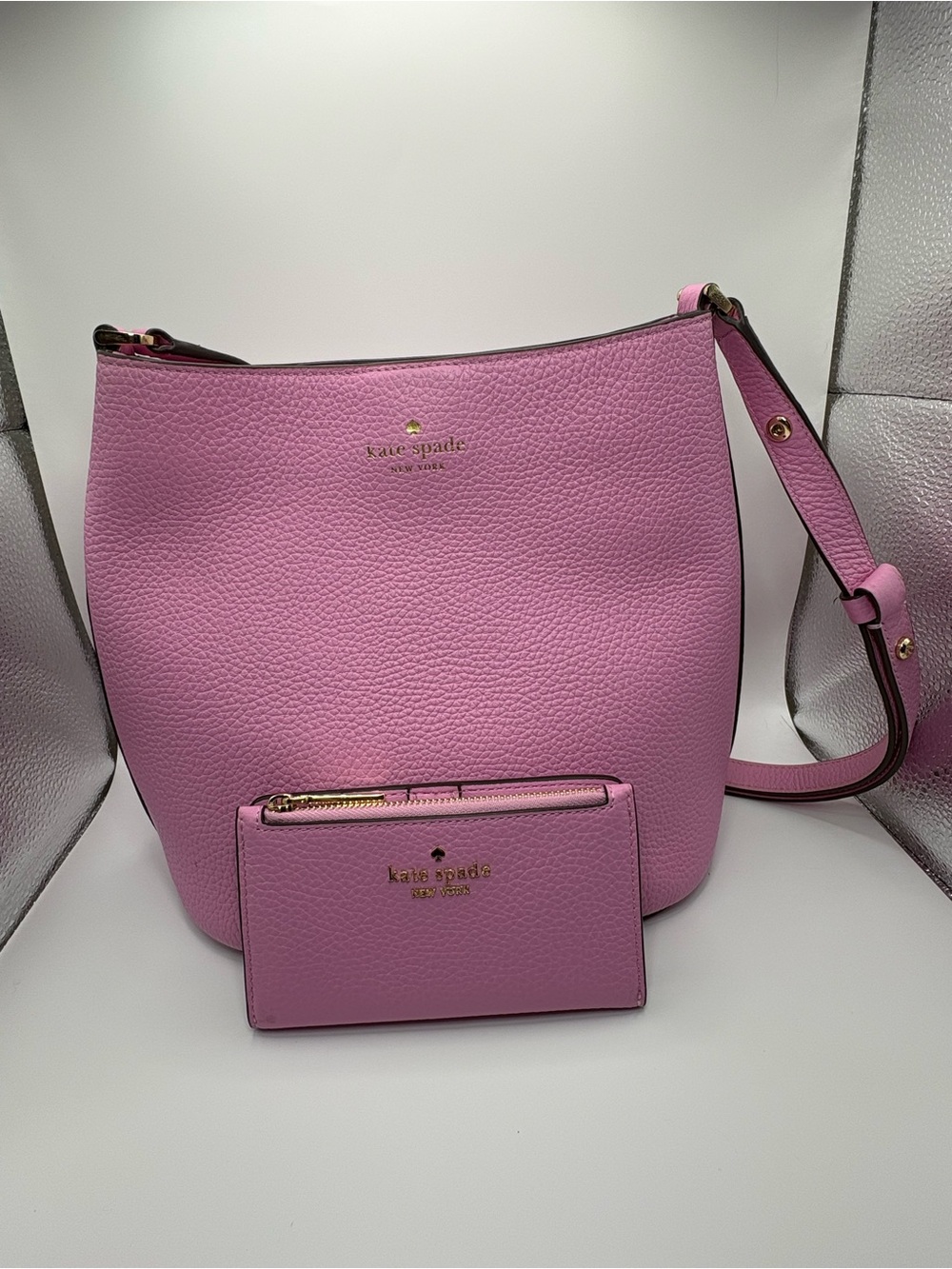 Kate Spade Pink Pebbled Leather Shoulder Bucket Bag with matching wallet